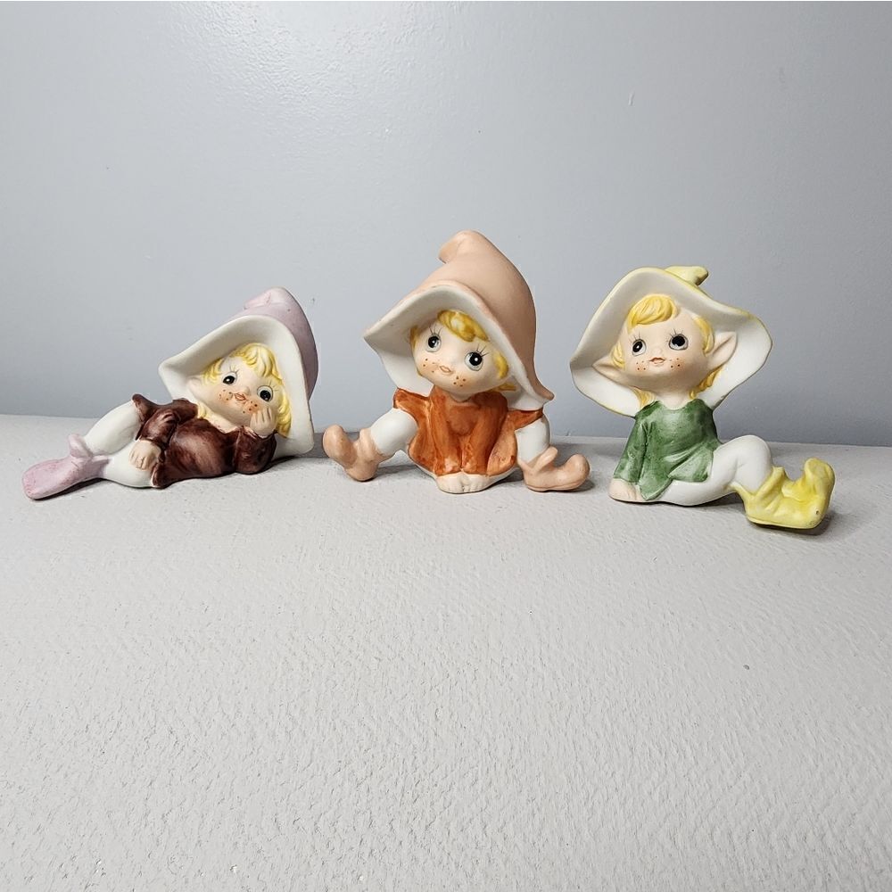 Vintage Homco Colorful Pixie Fairy Elves Porcelain Figurines 5213W Set Of 3
